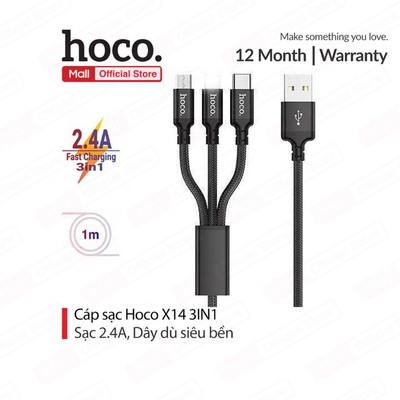 Cáp sạc 2.4A Hoco X14 3IN1 dây dù siêu bền dài 1M cho Smartphone/ip( Type-C/IP/Micro)