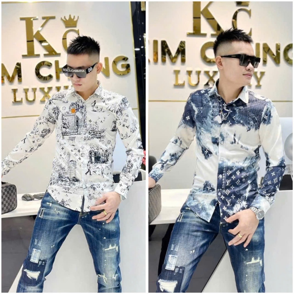 Áo sơ mi tay in loang in LV Chuẩn đẹp chất vải dày dặn chuẩn form