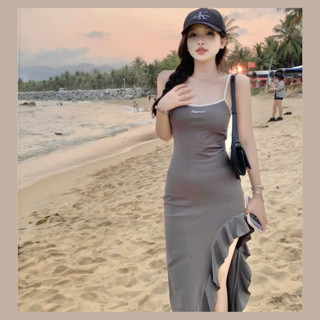  Đầm maxi 2 dây dáng dài hở lưng xẻ tà phối bèo viền trắng dễ thương V189 mặc đi biển đi du lịch 