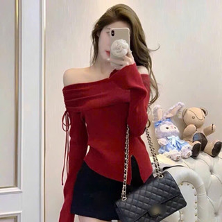 Có Big Size - Áo tiểu thư trễ vai LEN GÂN dây rút xẻ tà tôn dáng CRT09