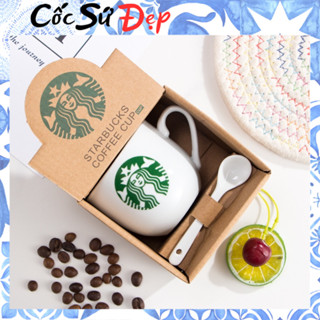  Cốc kèm Thìa ly sứ cafe 200ml biểu tượng Sta.r bucks cao cấp quà tặng decor xinh xắn 