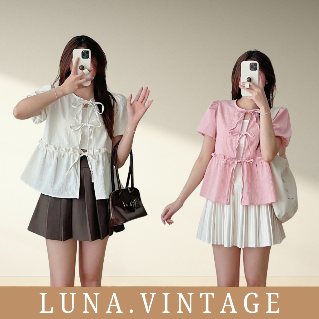 Luna Vintage Áo babydoll buộc nơ tay bồng đũi mát ulzzang kèm áo quây siêu hot, set áo nữ kiểu dáng Hàn Quốc