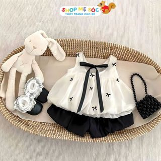  Set Bộ Đồ Bé Gái Áo Váy 2 Dây Thắt Nơ Sau Phối Quần Đùi Đen Chất Mềm Mai 