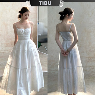  Đầm Maxi Hai Dây Dáng Xoè Nhún Eo Viền Ren TIBU Set Đồ Nữ Đi Biển Tiểu Thư Trắng Dự Tiệc Đi Chơi D407 