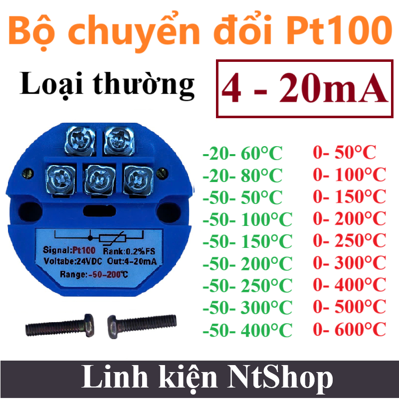 Bộ chuyển đổi Pt100 sang 4-20mA nhiệt độ -20-60 / -50-50 / -50-200...0-200 / 0-300... Loại Thường