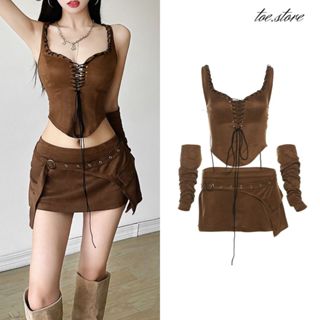 TOE.STORE Set áo hai dây croptop nữ hở lưng dây đan cá tính và chân váy ngắn sexy phong cách cao bồi kèm bao tay