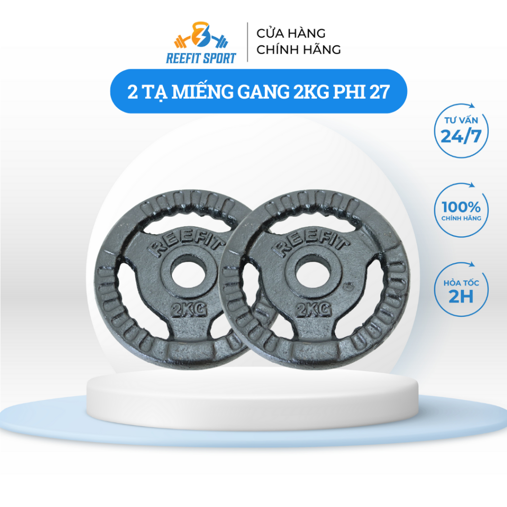 Bộ 2 tạ miếng gang tạ bánh gang 3 lỗ Reefit 2kg màu đen (gồm 2 miếng)