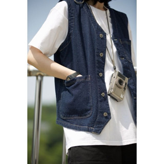    Sẵn -Có Ảnh Thật  Áo gile khoác denim giản dị cổ chữ V nhiều túi phong cách Nhật Bản mùa xuân hè áo khoác cardigan nữ 