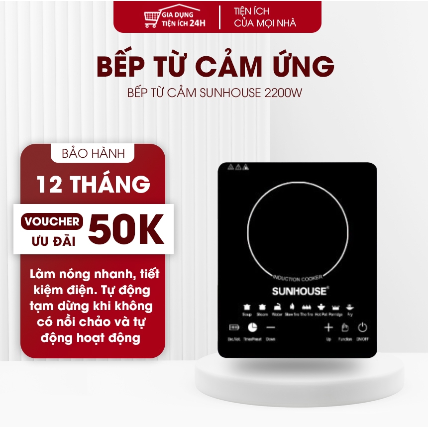 Bếp từ Sunhouse Cảm Ứng Cao Cấp, Công Suất 2200W, Mặt Kính Chịu Lực Sử Dụng Cho Mọi Loại Nồi