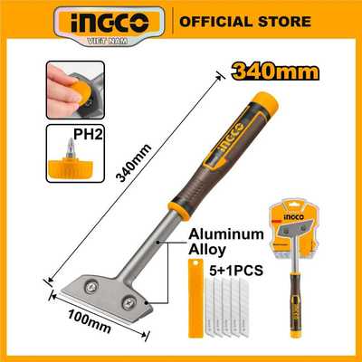 Cây cạo sơn INGCO HGS3088 dài 340mm, tay cầm bọc nhựa, chất liệu hợp kim nhôm kèm 6 lưỡi dao SK5