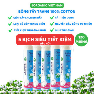  Combo 5 bông tẩy trang Jomi chính hãng -100% cotton  - tẩy sạch bụi bẩn bã nhờn lớp trang điểm loại 120 miếng 