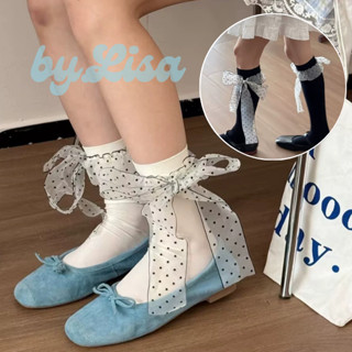 Tất Lolita Phối Nơ Voan Chấm Bi Phong Cách Hàn Quốc, Tất Vớ Bắp Chân Chất Liệu Thun Da byLisa