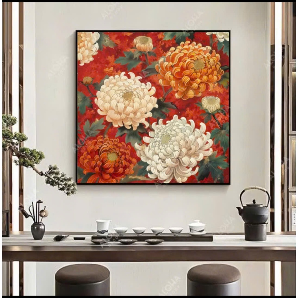 Tranh Hoa Cúc Vạn Thọ (Nhiều mẫu) Khung Vuông In Vải Canvas Căng Khung, Tranh Canvas Treo Tường Phòn
