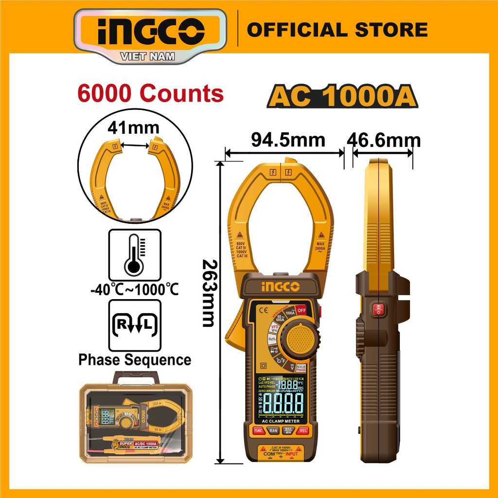 Đồng hồ Ampe kìm AC 1000A kẹp dòng kỹ thuật số 6000 Counts (Digital AC clamp meter) INGCO DCM610001