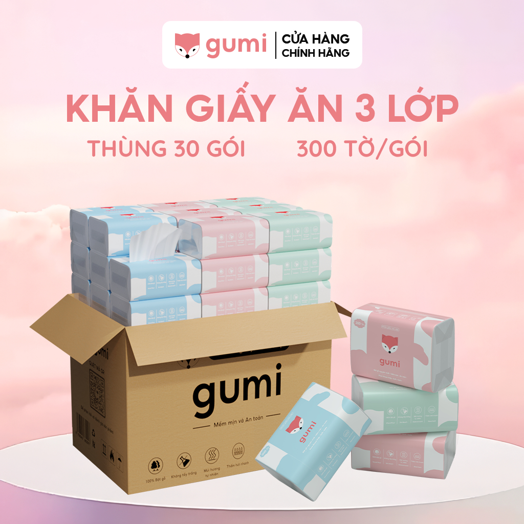 thùng 30 gói giấy ăn cao cấp Gumi 3 lớp / 4 lớp mềm mịn, tiện lợi cho gia đình