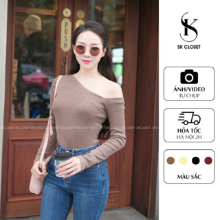 AD08 - Áo Len Tăm Lông Thỏ Lệch Vai Ôm Body Tay Dài Vải Co Giãn Cao Cấp, Tôn Dáng Sang Chảnh.