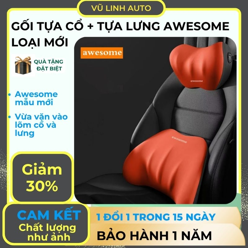 Gối tựa đầu + tựa lưng cao su non trên oto, ghế văn phòng Awesome cao cấp.