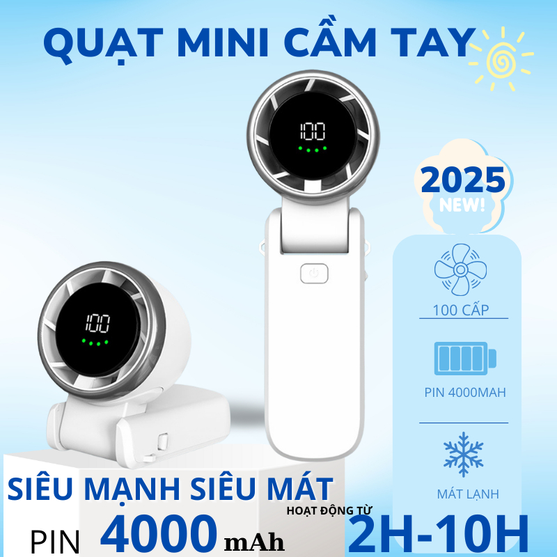 Quạt cầm tay mini 5 cấp độ gió Quạt tích điện mini 3600 mAh màn hình hiển thị pin tuabin gió mạnh