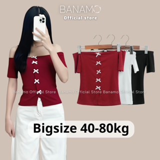 Áo thun nữ BIGSIZE Banamo Fashion áo thun tăm trễ vai đính nơ dáng ngắn xinh xắn chất liệu co giãn tốt 355