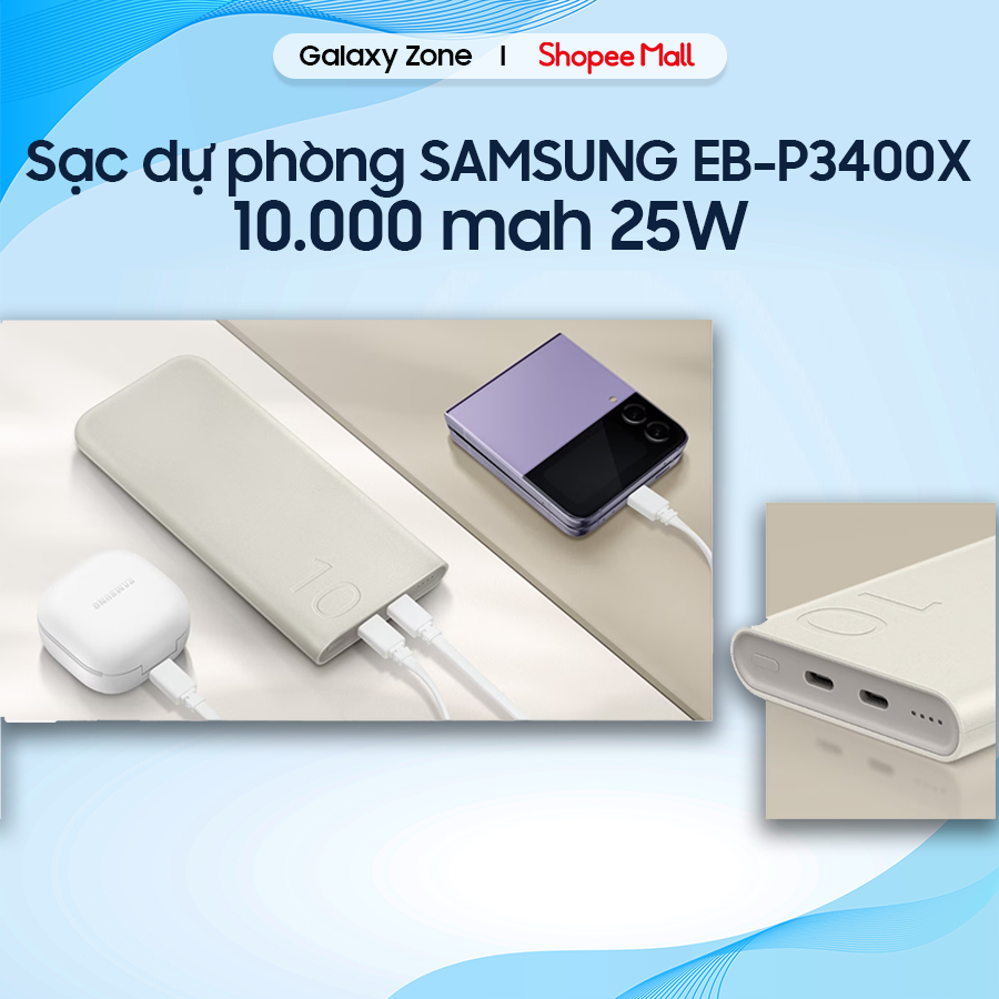 Chính hãng - Sạc dự phòng Samsung 10000 mAh 25W cổng type C EB-P3400 - New nguyên seal