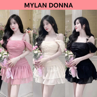 Váy Trễ Vai Phối 2 Dây Đính Nơ Cúp Ngực Nhún Eo Dáng Ngắn Xòe 2 Tầng Kèm Quần Bảo Hộ