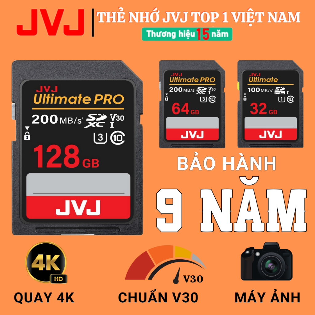 Thẻ Nhớ SD 128Gb 64Gb 32Gb JVJ Ultimate Pro Chuẩn V30 U3 Class 10- Thẻ nhớ Máy Ảnh, Máy Quay 4K Full HD- BH 9 Năm 1 Đổi