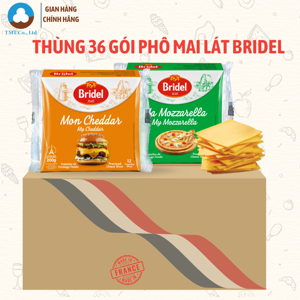 Thùng 36 gói Phô Mai Lát Cheddar, Mozzarella hiệu Bridel 200g