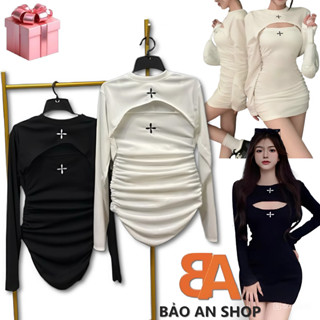 [SB99] Sét bộ nữ 2 món áo khoác thêu tay dài và đầm ôm body thêu chữ chất vải thun gân len 4 chiều Free Size dưới 54kg