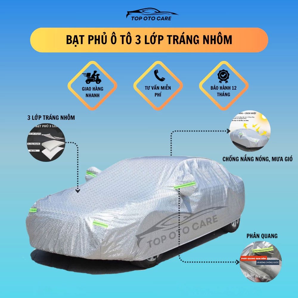 Bạt phủ ô tô 3 lớp tráng nhôm cao cấp - Chống nắng nóng, bụi bẩn, trầy xước, chống thấm xe tuyệt đối