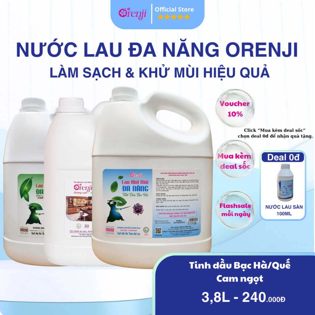 Nước lau bếp, tủ lạnh, bàn ăn, lau kính, xịt phòng đa năng Orenji tinh dầu cam / quế / bạc hà 3,8l
