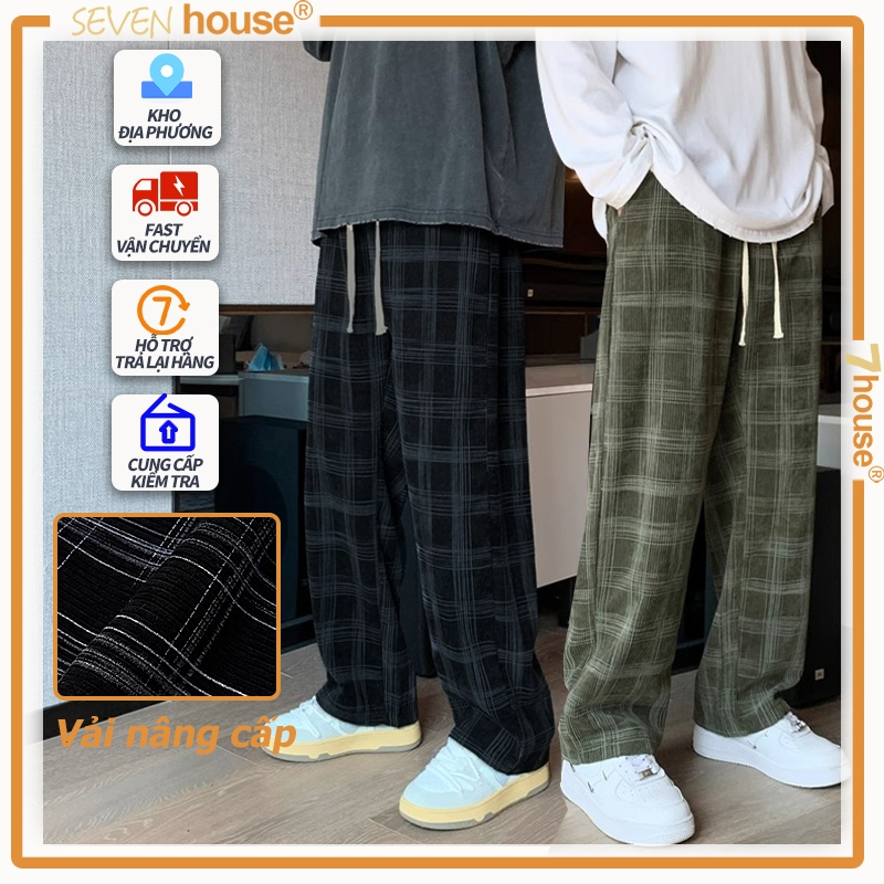 Quần Caro Ống Rộng họa tiết oversized flannel Quần Nhung Tăm Nam y2k baggy Cá Tính thời trang unisex quần dài