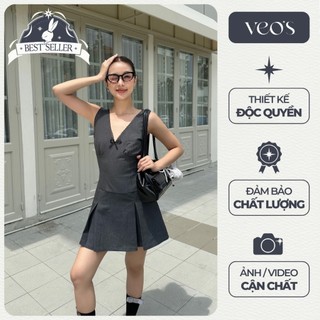 [ MÃVEOSAP7]Váy Thiết Kế Nữ Cổ V Viền Ren Hai Dây Tiểu Thư Xếp Ly Dáng Xòe Chiết Eo Cao Trên Gối Xám Veo's -Fallon Dress