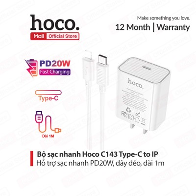 Bộ sạc nhanh PD20W Type-C to IP dùng cho ip6/7/8/10/11/12/13/14 Hoco C143 , chân dẹt ,dây dẻo dài 1m