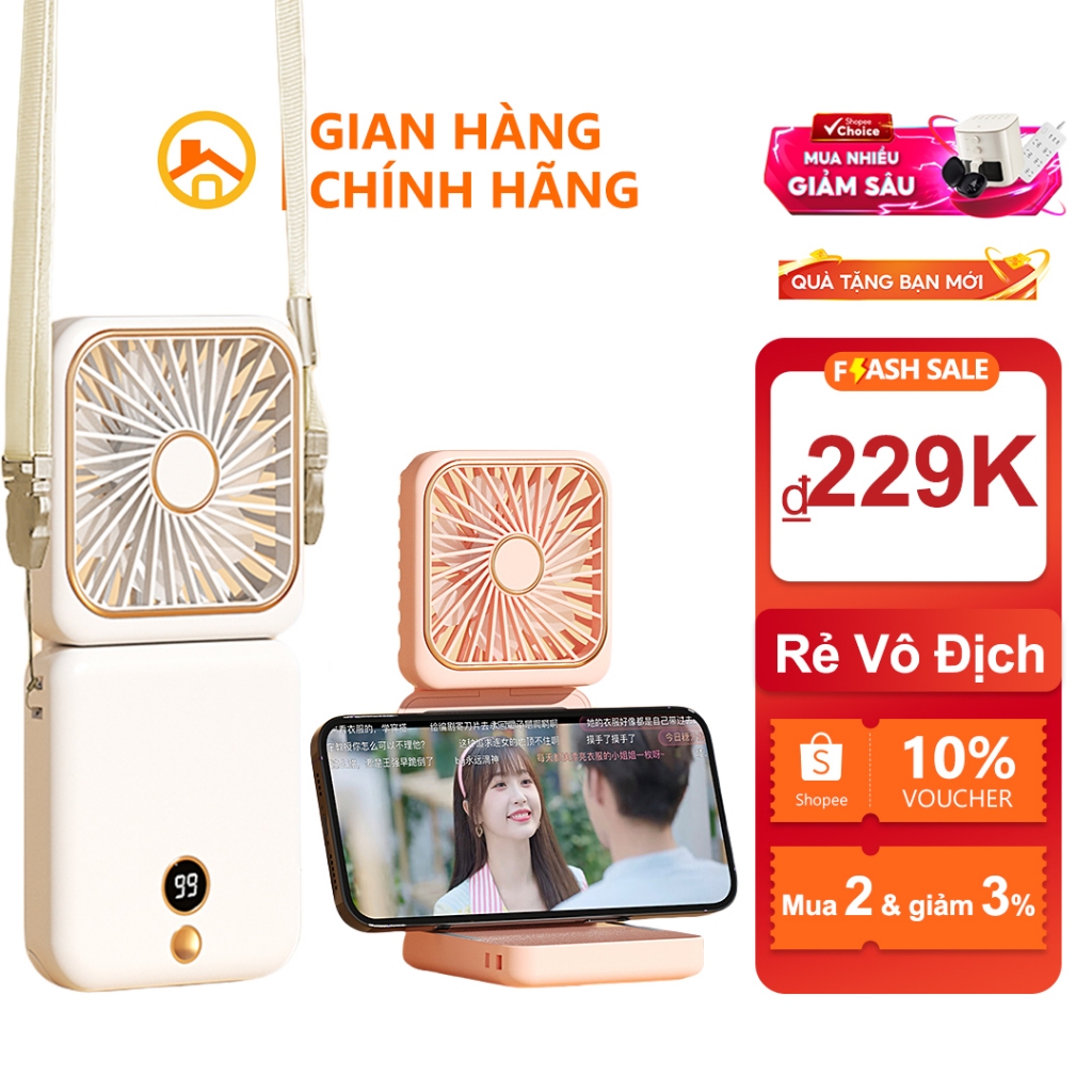 Quạt gấp 180° im lặng LifeBrand siêu gió điều chỉnh 5 cấp độ, mini quạt di động, màn hình nguồn LED