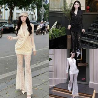 Set (áo + quần ) x90 áo nhún phối ren đổ tà mix quần dài ren