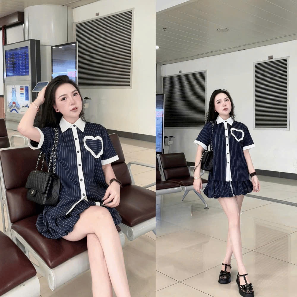Set Kẻ Cổ Đức Túi Tim Mix Chân Váy Bom 2001 Clothing
