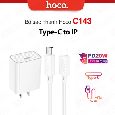 Bộ sạc nhanh PD20W Hoco C143 Type-C to IP dùng cho ip6/7/8/10/11/12/13/14 dây dẻo dài 1m , chân dẹt
