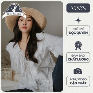 Áo Sơ Mi Trắng Kiểu Nữ Phối Bèo Tay Dài Xòe Chữ V Form Rộng Dáng Dài Thanh Lịch Đi Học, Đi Làm, Đi Chơi - Jasmine Blouse