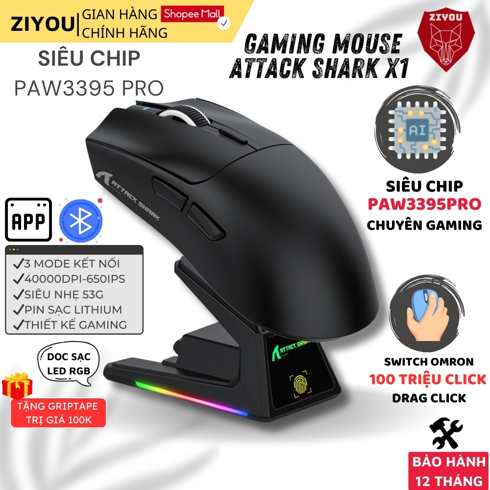 Chuột Gaming Không Dây Ziyou Attack Shark X1 Siêu Nhẹ 53g Chip PAW3395 PRO, DPI 40.000, Dock Sạc RGB
