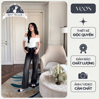 Quần Jeans Đính Đá Lấp Lánh Kiểu Nữ Form Suông Ống Đứng Cạp Cao Sang Trọng Màu Đen & Xanh Denim - Krystal Jeans