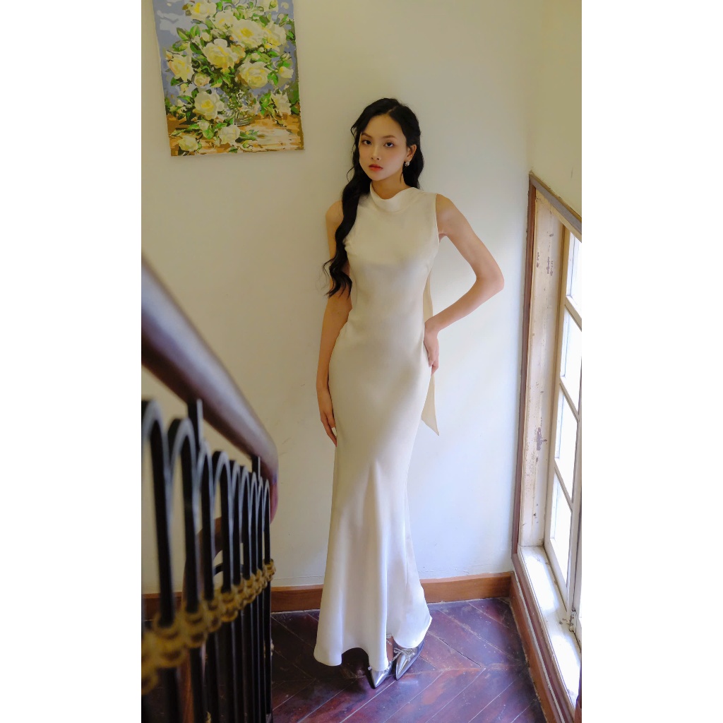 Váy Lụa Hàng Châu Dáng Đuôi Cá Cổ Tay Đổ Kèm Khăn, Mềm Mại Thoáng Mát - Mio Lady | BigBuy360 - bigbuy360.vn