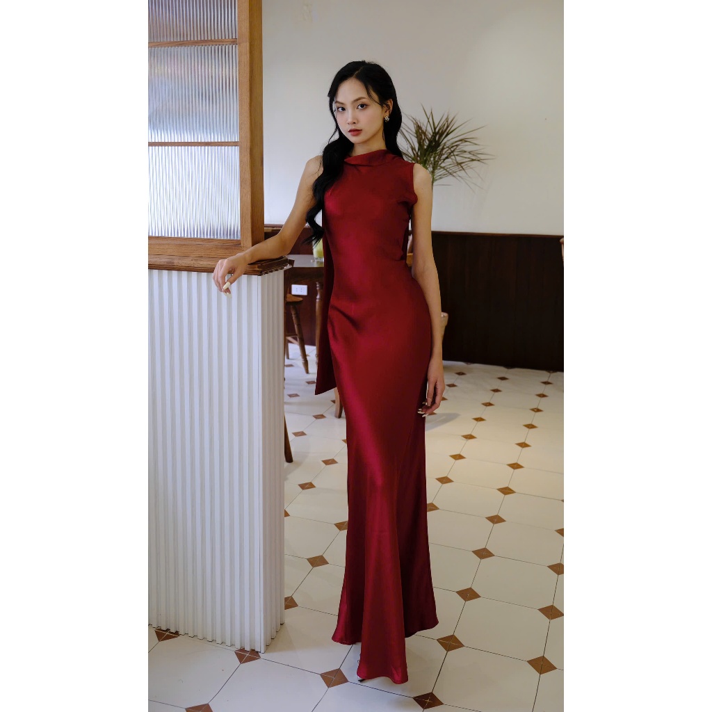 Váy Lụa Hàng Châu Dáng Đuôi Cá Cổ Tay Đổ Kèm Khăn, Mềm Mại Thoáng Mát - Mio Lady | BigBuy360 - bigbuy360.vn