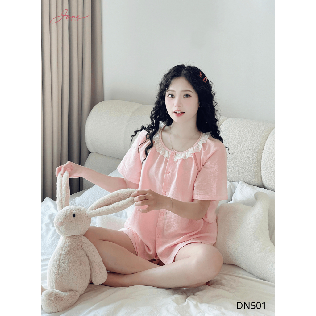 [JANE STORE] Set Bộ Đồ Mặc Nhà Nữ Hoạ Tiết Trơn Phối Ren Chất Đũi Mền Mịn Mát DN50