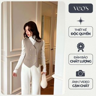 Áo Gile Vest Len Kiểu Nữ Mỏng Nhẹ Thiết Kế Cổ V Form Ôm Đính Khuy Vàng Đồng Sang Trọng Màu Đen, Kem & Nâu - Eira Vest