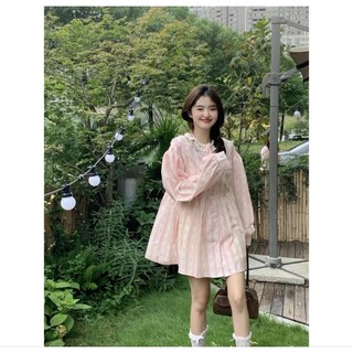 [ORDER] Đầm hoa nữ dài tay Babydoll màu hồng cổ thêu móc dây phong cách Hàn Quốc