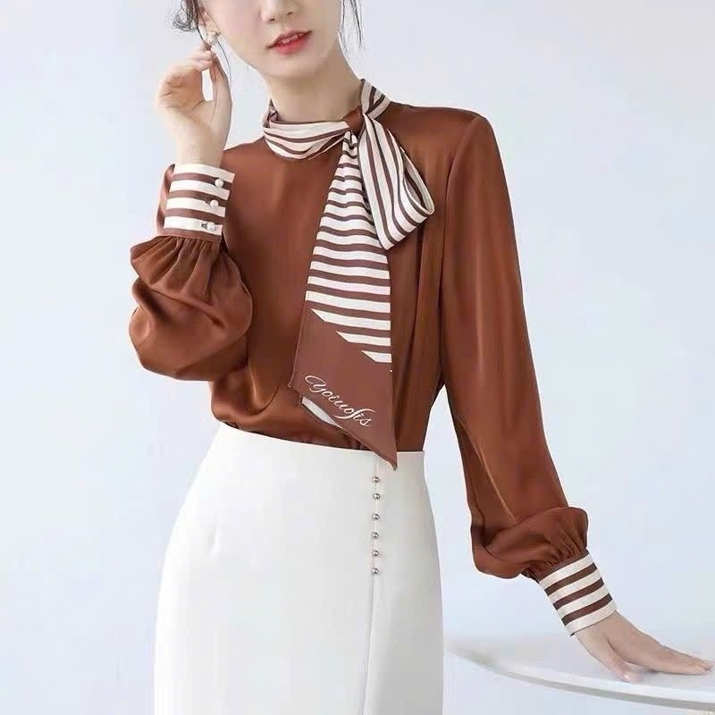 Áo Sơ Mi Lụa Thiết kế Cổ Nơ Kẻ nhẹ nhàng   Mền Mướt H70