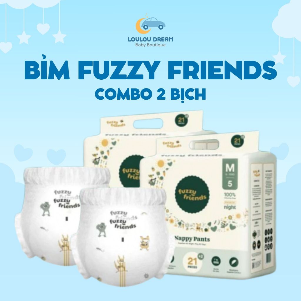 Combo 2 bỉm dán bỉm quần Fuzzy Friends thấm hút tối ưu cho bé từ sơ sinh đủ size