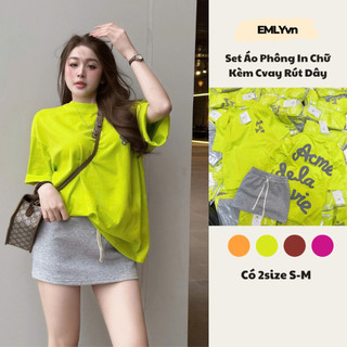  EMLYvn - Set Áo Phông In Chữ Dáng Rộng Set Bộ Chân Váy Rút Dây Set Đồ Nữ Kèm Chân Váy hot trend 2025 