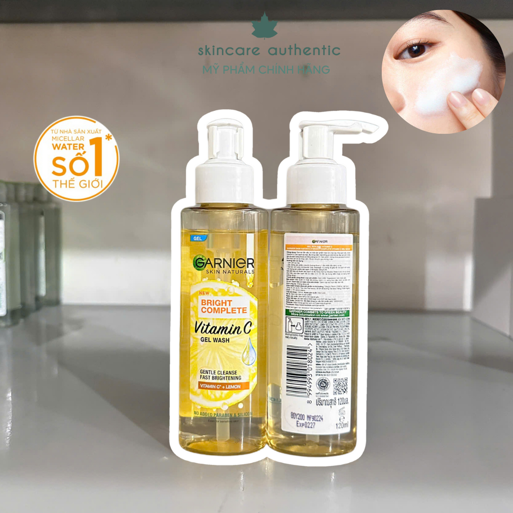 Gel Rửa Mặt Garnier Vitamin C Sạch Sâu Dịu Nhẹ Sáng Da 120ml Bright Complete Vitamin C Gel Wash Skin