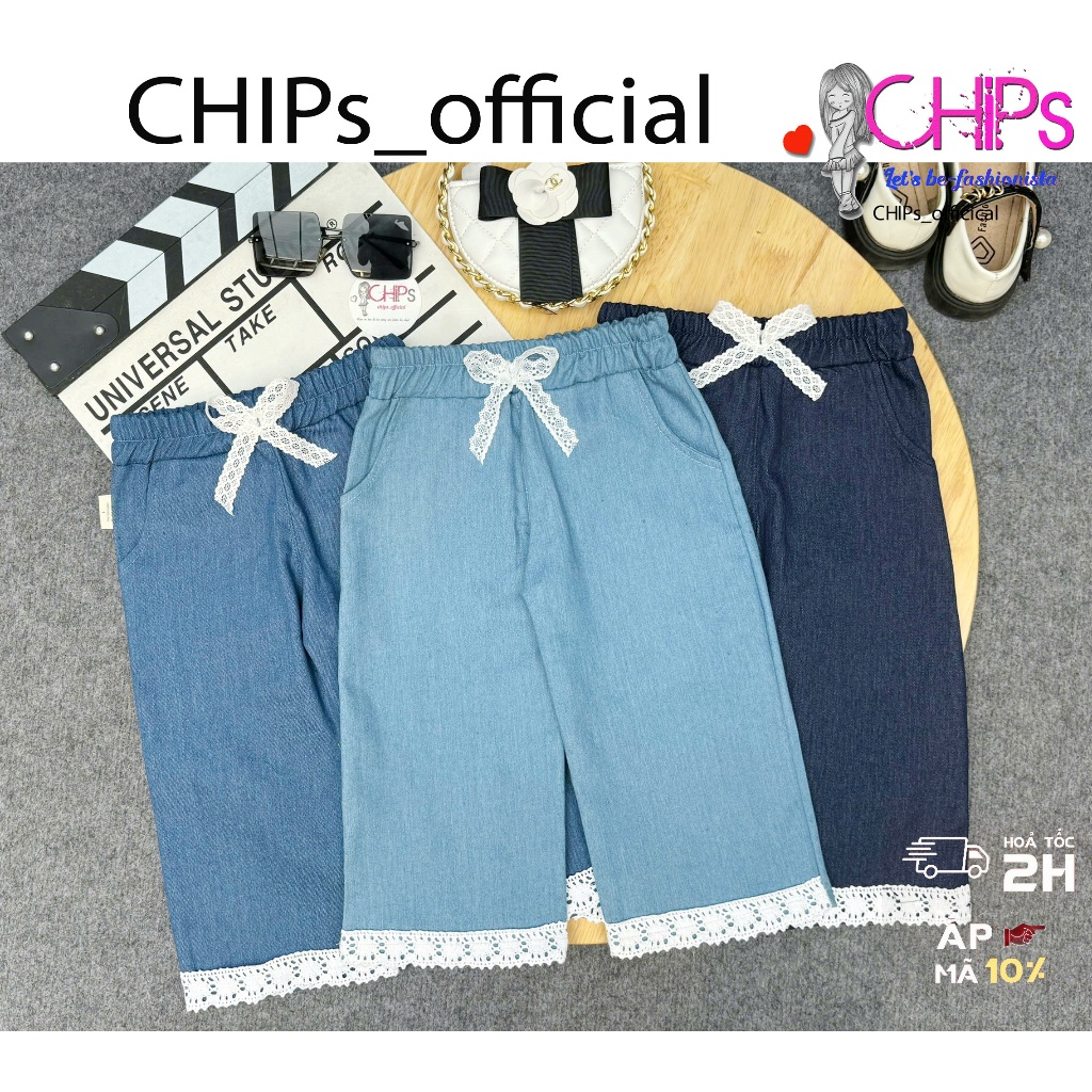 Quần Dài Jean Ống Rộng Dáng Suông Cho Bé Gái Gấu Quần Có Phối Ren